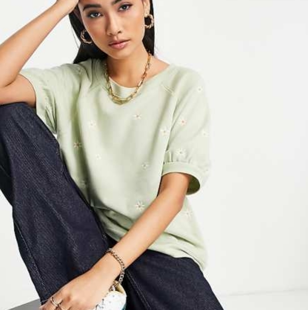 Madewell Puff Sleeve Embroidered Daisy Top Sz L